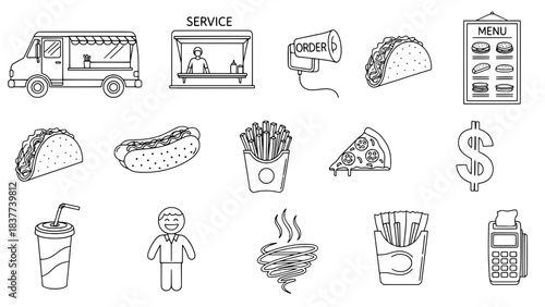 Fast food icons set with hand-drawn truck, menu, taco, fries, and drink illustrations for restaurant or delivery service