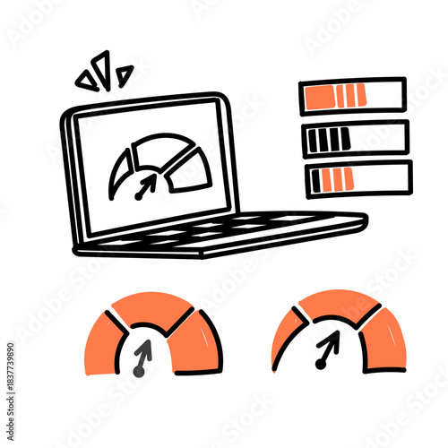 hand drawn doodle tablet laptop with speed meter illustration set