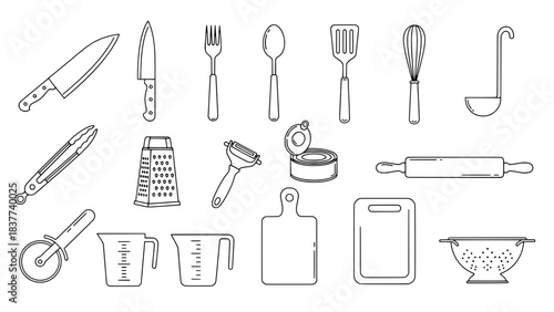 A collection of 18 outlined black kitchen utensil icons, including knives, spatulas, measuring tools, and more, arranged on a white background in three rows.