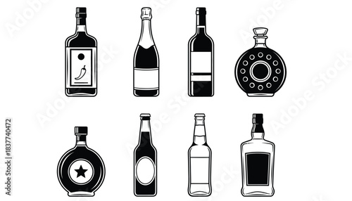 A collection of eight different types of alcoholic beverage bottles are displayed in a two-row grid against a white background.