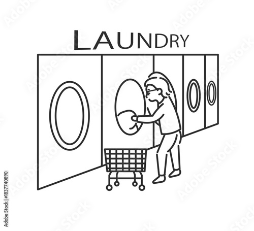 コインランドリーを利用する40代女性のイラスト　線画のみ