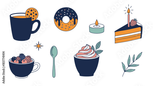 Charming Flat Lay of Dessert Items and Tea with Candles and Botanical Accents for Cozy Gatherings