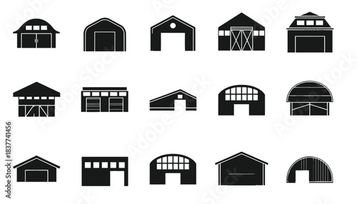 A collection of diverse building silhouettes, showcasing various architectural styles of barns, garages, and industrial structures.