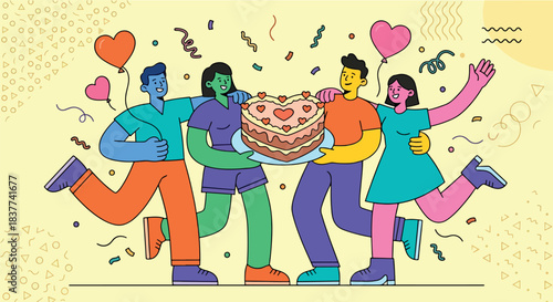 A group of four happy, diverse friends celebrating with a heart-shaped cake, confetti, and balloons, symbolizing love, friendship, and special occasion celebration