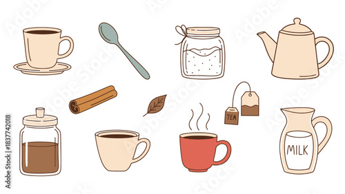 Cozy Tea and Coffee Collection Featuring Cups, Teapot, Sugar Jar, Cinnamon Stick, and Natural Elements for Hot Beverage Conceptual Stock Photography