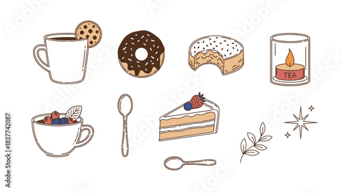 Delicious Coffee, Sweet Treats, and Cozy Tea Moments Set in Minimalist Style with Dishes and Natural Elements