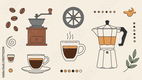 Vintage Coffee Grind Mill and Brewing Equipment Set for Coffee Lovers and Barista Professionals