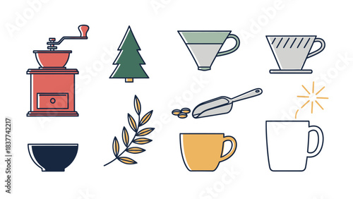 Vintage Coffee Grinder, Throwing Star, Pine Tree, Tea Cup, Spoon, and Mugs for Cozy Morning Rituals - Coffee Shop, Breakfast, and Beverage Accessories