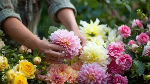 Hands carefully arrange vibrant dahlias and roses in a garden, showcasing a mix of colors. Soft afternoon light enhances the beauty of the blooming flowers and the creativity involved.