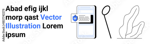 Online security, mobile applications, privacy safeguards, password management, data protection, identity verification. Smartphone with shield icon and login prompt. Online security and mobile