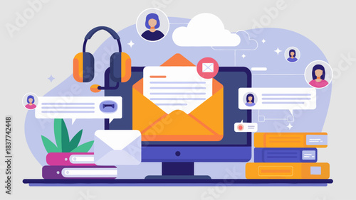 Digital communication and customer support with email, chat, and headset icons.
