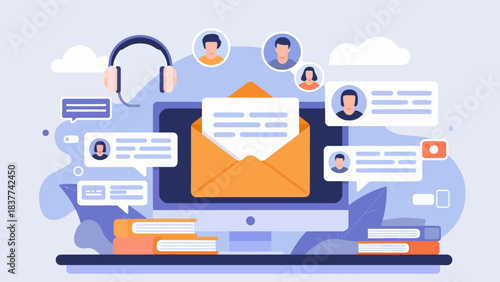 Digital communication and online interaction with email and social media elements.