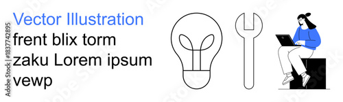 Creativity, tools, problem-solving, technological innovation, remote work, education. A person using a laptop next to a light bulb and wrench. Creativity and tools conceptual design