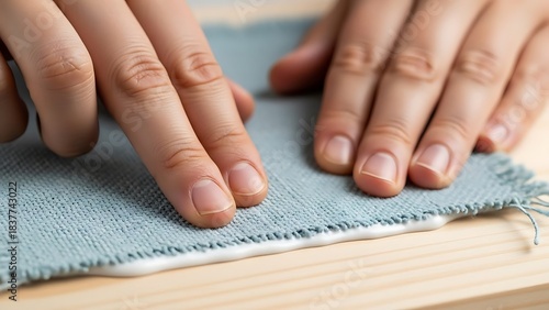 Hands securing fabric to wood with adhesive for craft project closeup