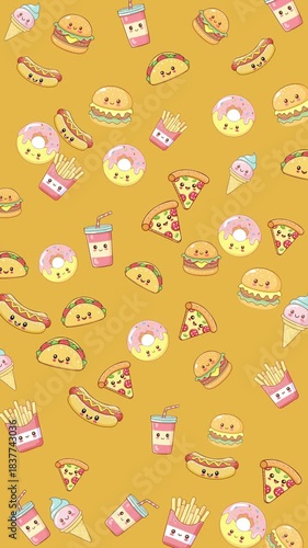Kawaii Fast Food Icon with Rotation, Zoom-in/out, and looping animation on a vertical orange background. Suitable for food menus, social media posts, and restaurant promotions. 
