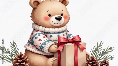 A bear in a New Year's sweater ties a gift with a festive ribbon, next to pine cones and fir branches