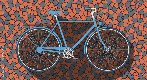 A stylish light blue vintage bicycle with a long shadow rests on a vibrant mosaic cobblestone background, illustrating urban mobility.