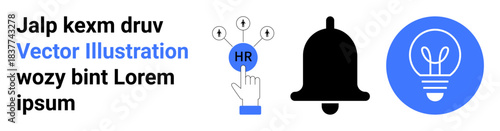 Human resources, innovation, ideas, notifications, business tools, workflow optimization. HR icon connected to symbols, with a bell and light bulb. Human resources and innovation