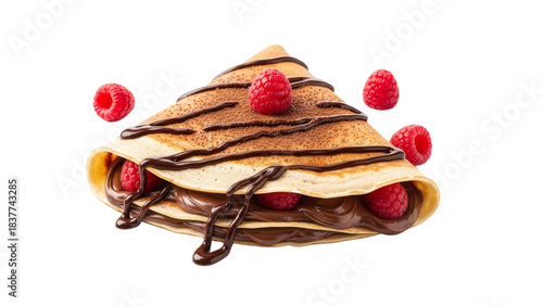 Delightful crepe filled with chocolate hazelnut spread and fresh raspberries, drizzled with chocolate sauce for a sweet indulgence