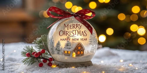 Festive Christmas decorations featuring a gold ornament, red background, and snow-dusted fir branches for holiday celebration greeting cards. HAPPY NEW YEAR 2026 elegant design.