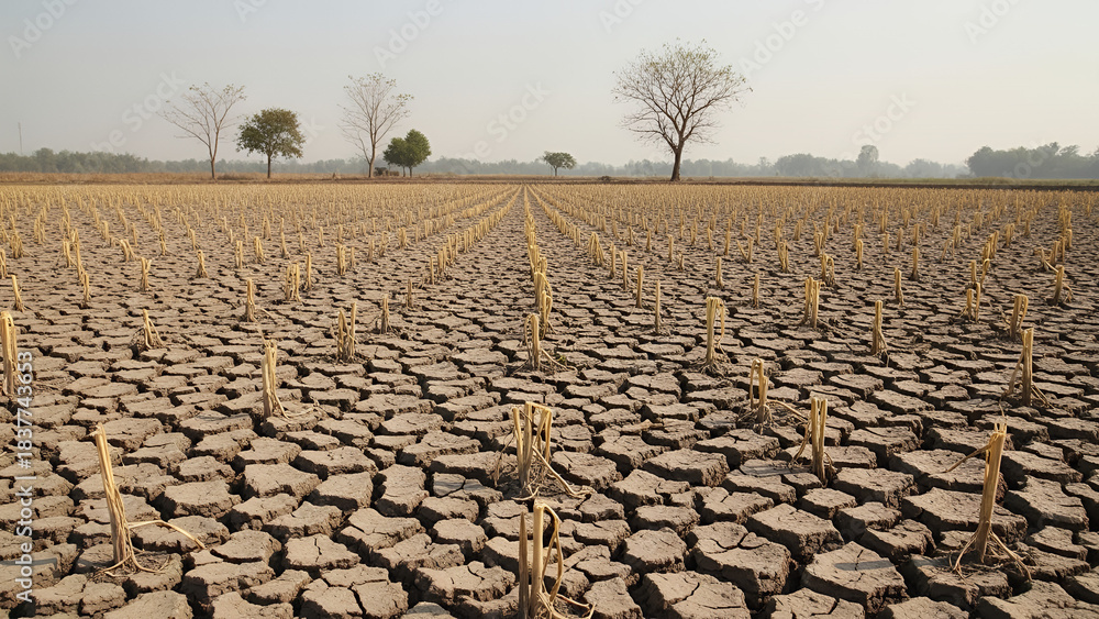 Fototapeta premium Dry Cracked Farmland After Harvest Under Hot Weather
