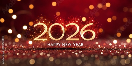 Happy New Year 2026 holiday celebration greeting card with winter snow decoration and colorful star elegant HAPPY NEW YEAR design. 