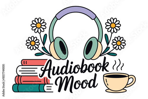 Audiobook Mood with Headphones Books and Coffee, Cozy Listening and Reading Concept