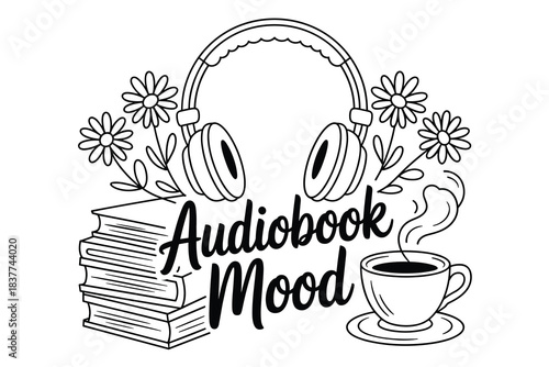 Audiobook Mood with Headphones Books and Coffee, Cozy Listening and Reading Concept