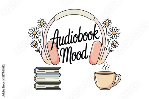 Audiobook Mood with Headphones Books and Coffee, Cozy Listening and Reading Concept