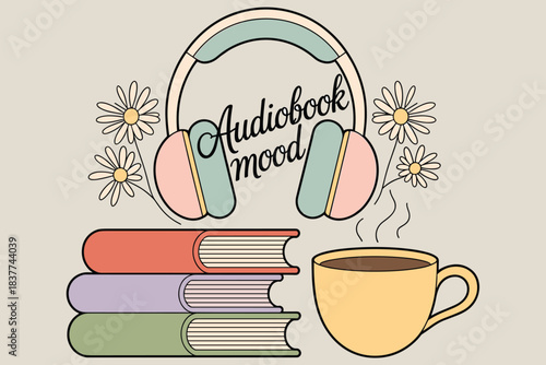 Audiobook Mood with Headphones Books and Coffee, Cozy Listening and Reading Concept