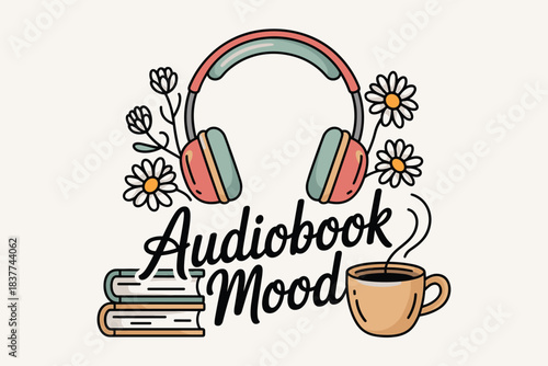 Audiobook Mood with Headphones Books and Coffee, Cozy Listening and Reading Concept