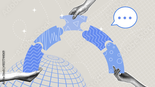 Global collaboration and communication, teamwork. Trendy halftone collage. Partnership concept, corporate culture, winner, planning.