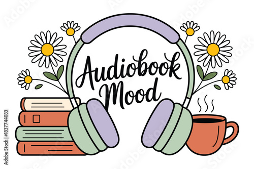 Audiobook Mood with Headphones Books and Coffee, Cozy Listening and Reading Concept
