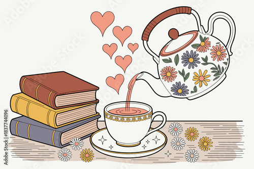 Cozy Tea Time with Books Illustration, Warm Reading and Relaxation Lifestyle Design