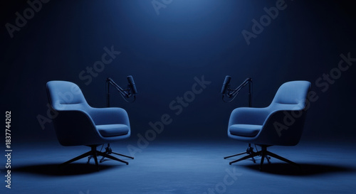 Two blue swivel chairs face each other in a dark, minimal room, each with a microphone, ready for podcast recordings in a professional studio.