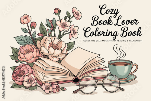 Cozy Book Lover Scene with Coffee and Flowers, Warm Reading Lifestyle Illustration