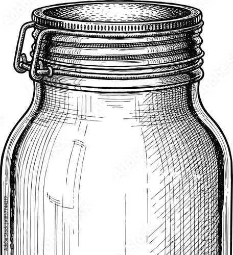 Engraving art illustration of detailed black and white sketch of a vintage glass canning jar with a hinged bail closure lid