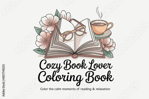 Cozy Book Lover Scene with Coffee and Flowers, Warm Reading Lifestyle Illustration