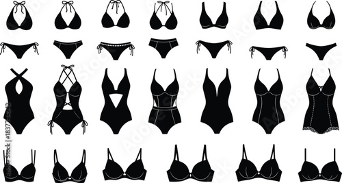 Female Beachwear, Bathing Suit, and Fashion Apparel Collection Flat Black Line Drawing Illustration.