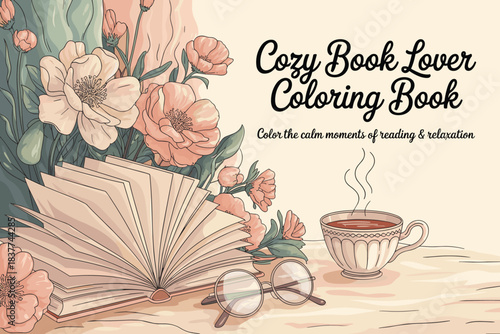 Cozy Book Lover Scene with Coffee and Flowers, Warm Reading Lifestyle Illustration