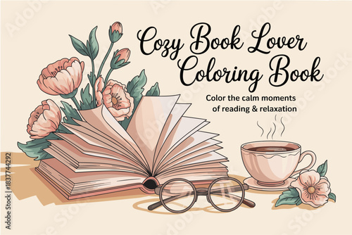 Cozy Book Lover Scene with Coffee and Flowers, Warm Reading Lifestyle Illustration