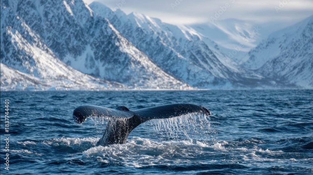 Obraz premium A whale gracefully breaches the surface of chilly waters, its tail creating splashes. Majestic snow-capped mountains rise in the background, adding to the serene atmosphere.