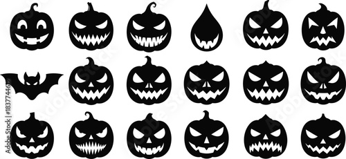 Set of Spooky Halloween Jack-o'-Lantern Pumpkin and Bat Silhouettes with Scary Faces for Holiday Decoration Party Invitation Scary Icons