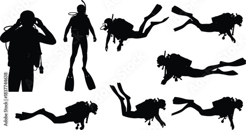 Snorkeling, Diving, and Exploration Equipment for Ocean Adventure Sports Flat Black Line Drawing Illustration.