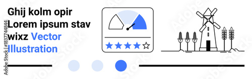 Rating meter with gauge and stars, a windmill surrounded by trees and wheat. Ideal for analytics, agriculture, feedback, evaluation, rural themes, progress, and a simple landing page