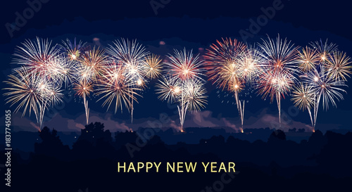 Background Celebrate New Beginnings with Stunning Fireworks Display over Snowy Winter Landscape on New Year's Eve for Festive Holiday Season Greetings