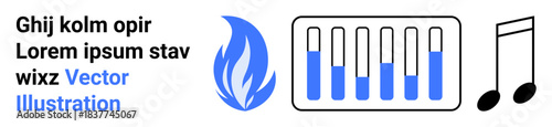 Flame icon, sound equalizer with blue bars, and music notes suggest energy, creativity, audio, and entertainment. Ideal for media, music, apps energy concepts branding posters ads simple landing