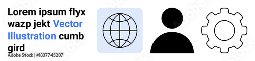 Global communication, user identity, system settings, technology tools, data management, online platforms. Globe, user silhouette and gear. Global communication and user identity concepts