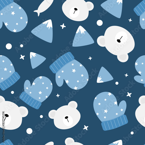 Blue mittens polar bear and iceberg. Winter item cartoon. Can be used for wallpaper, paper wrapping, fashion fabric