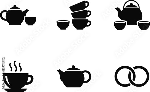 Black Vector Icon Set: Traditional Teapot, Stacked Cups, Steaming Mug, and Interlocking Rings for Tea Culture